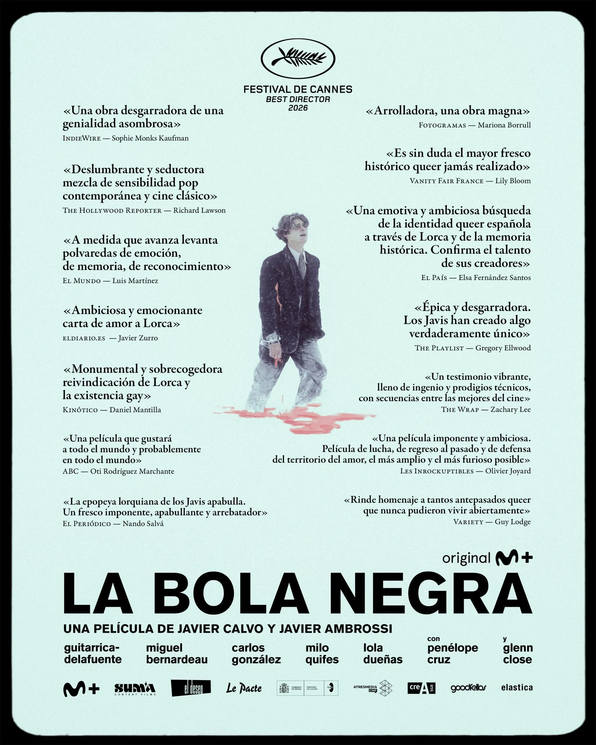 Poster for La Bola Negra featuring press reviews and the film's cast